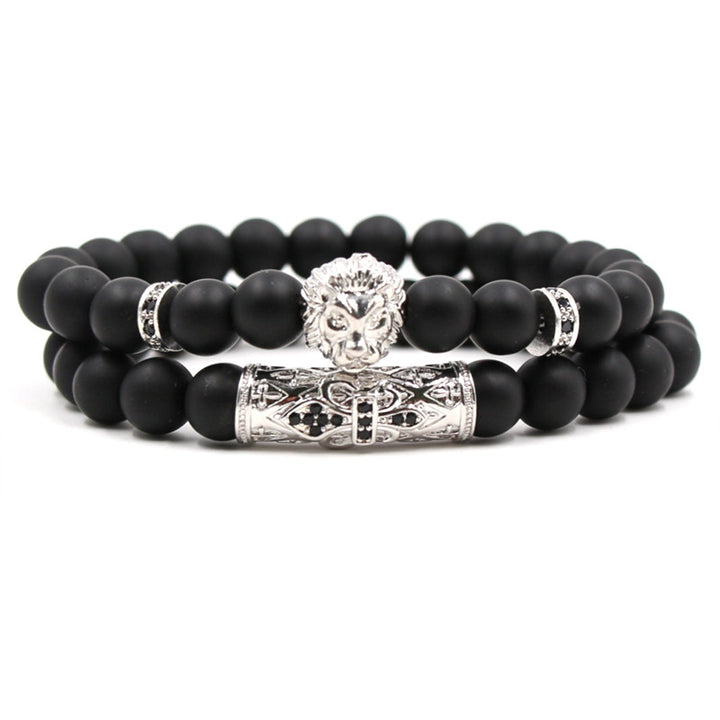 Micro-Inlaid Zircon Lion Head Frosted Stone Elastic Bracelet – Set of Two