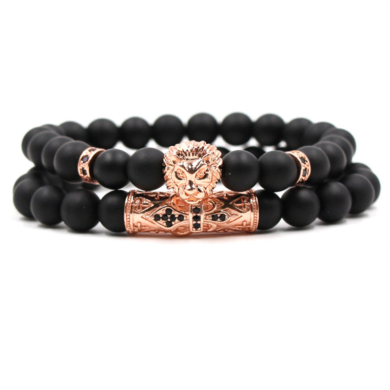 Micro-Inlaid Zircon Lion Head Frosted Stone Elastic Bracelet – Set of Two
