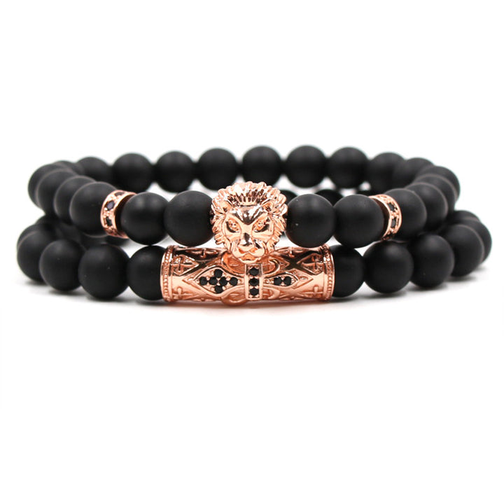 Micro-Inlaid Zircon Lion Head Frosted Stone Elastic Bracelet – Set of Two