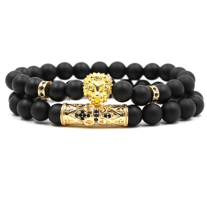 Micro-Inlaid Zircon Lion Head Frosted Stone Elastic Bracelet – Set of Two