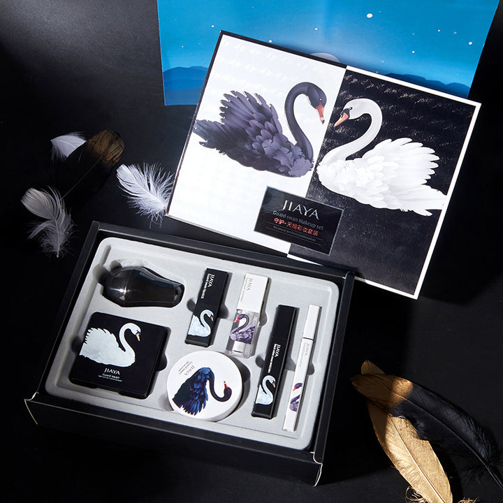 ✨ Black & White Swan 7-Piece Makeup Set – Cushion BB Cream, Powder & Lipstick Gift Box ✨