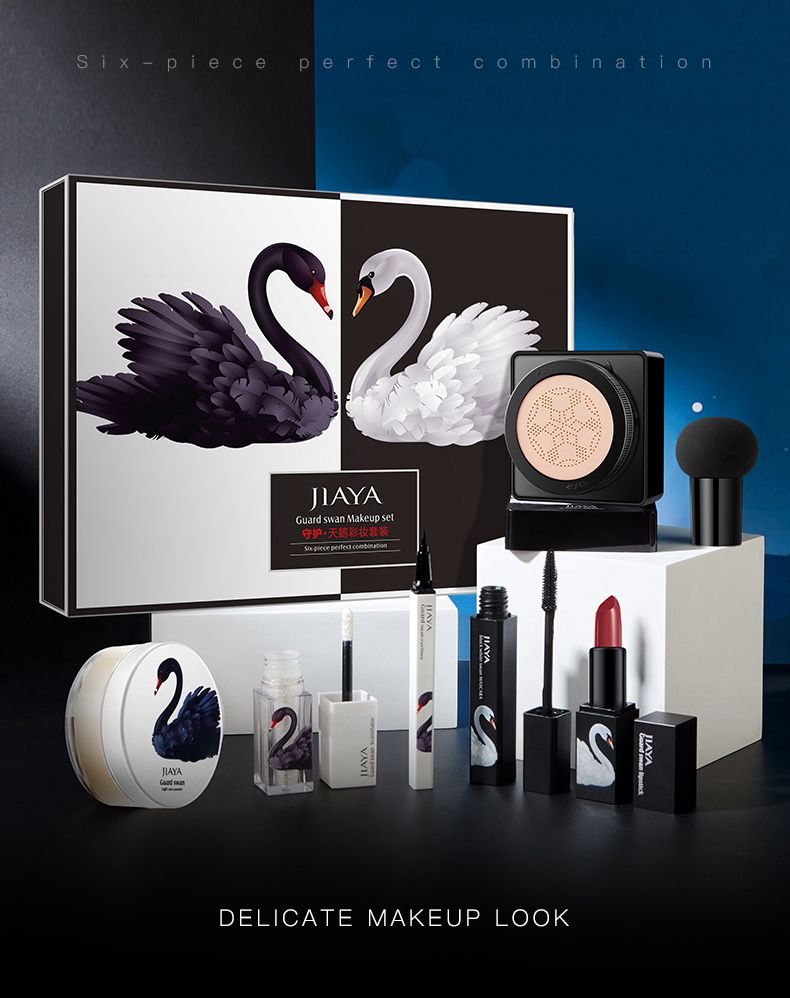 ✨ Black & White Swan 7-Piece Makeup Set – Cushion BB Cream, Powder & Lipstick Gift Box ✨