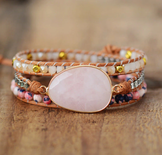 Female Winding Pink Crystal Bracelet – Retro Woven Style