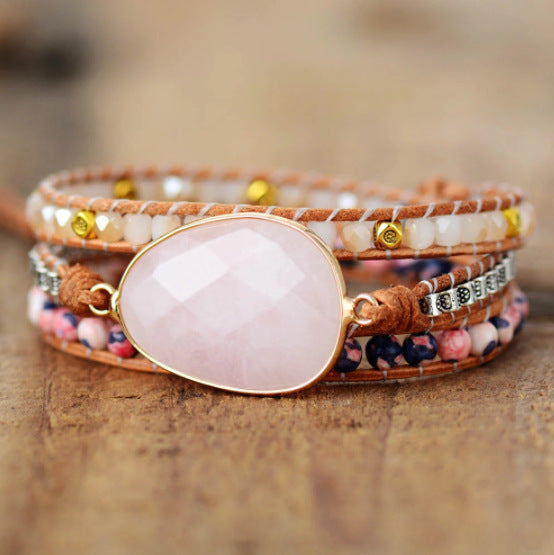 Female Winding Pink Crystal Bracelet – Retro Woven Style