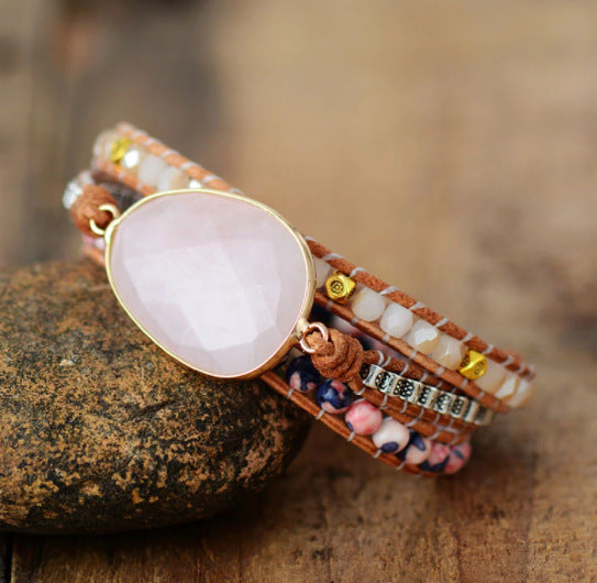 Female Winding Pink Crystal Bracelet – Retro Woven Style