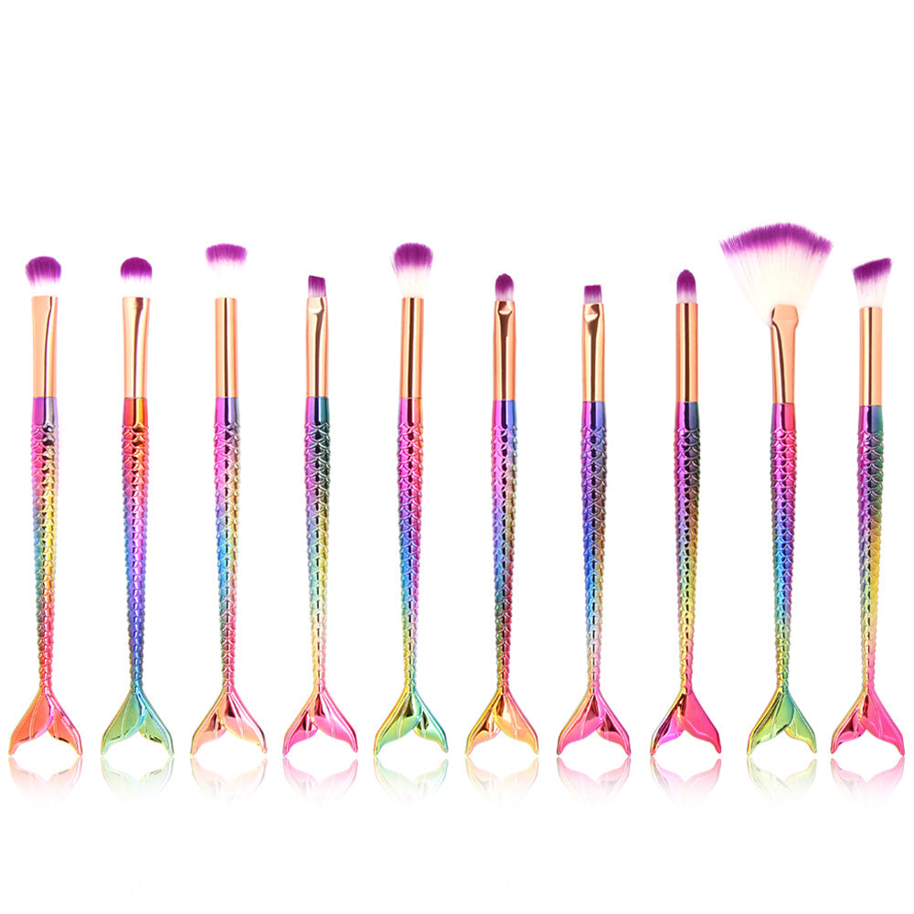 ✨ 10-Piece Mermaid Makeup Brush Set — Colorful Fish Scale Beauty Tools 💄🧜‍♀️