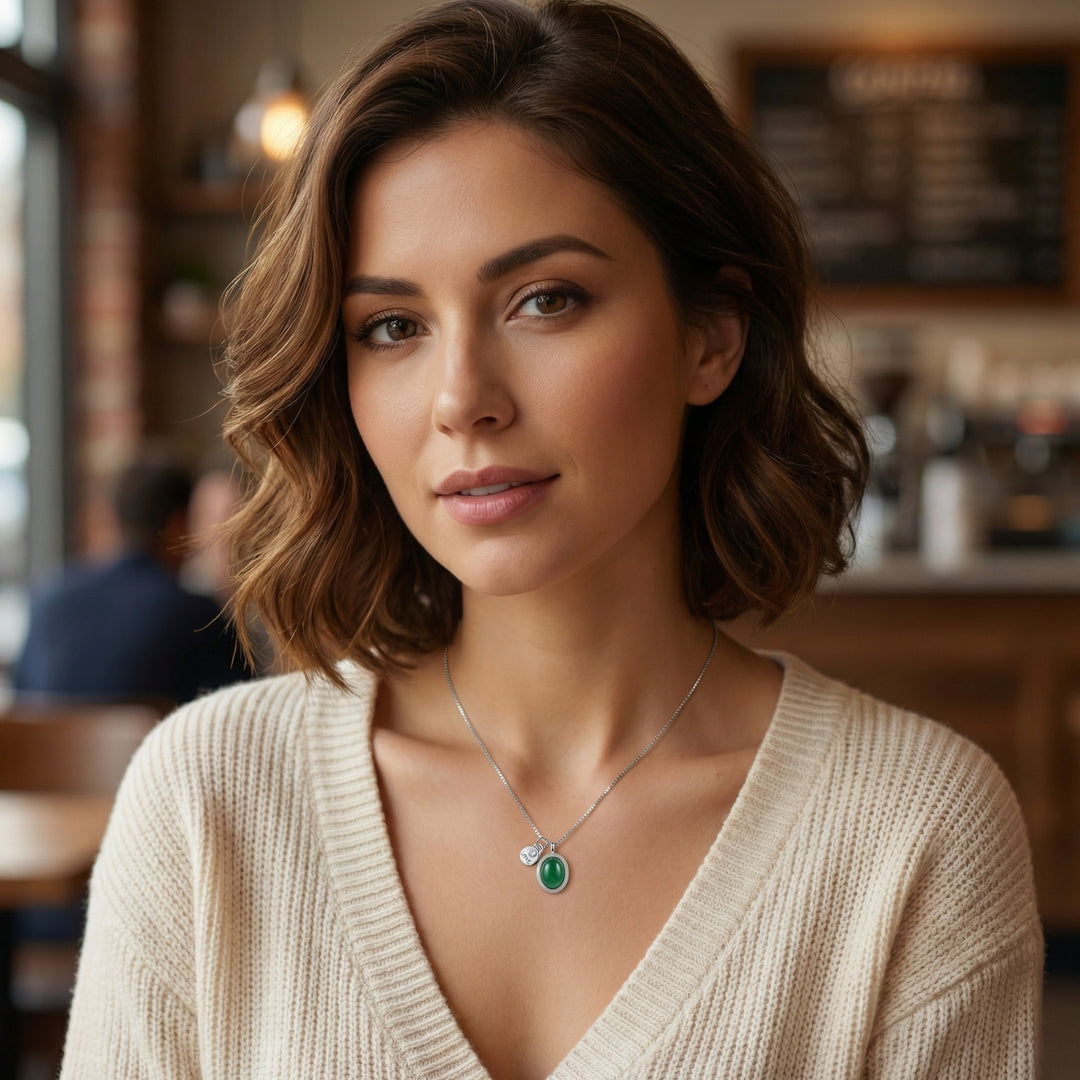 925 Sterling Silver Oval Green Gemstone Necklace – LOVE Charm Crystal Pendant