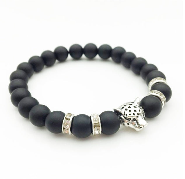8mm Natural Lava Stone Leopard Head Bracelet for Men