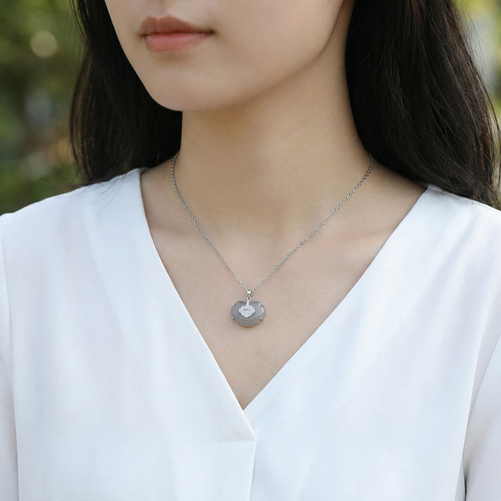 925 Sterling Silver Elegant Ruyi Longevity Lock Pendant Necklace with Gray Chalcedony and Pavé Accents