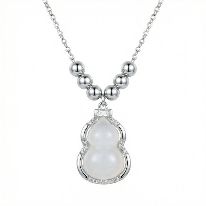 925 Sterling Silver Gourd Necklace – White Jade Pendant with Sparkling Crystal Accents
