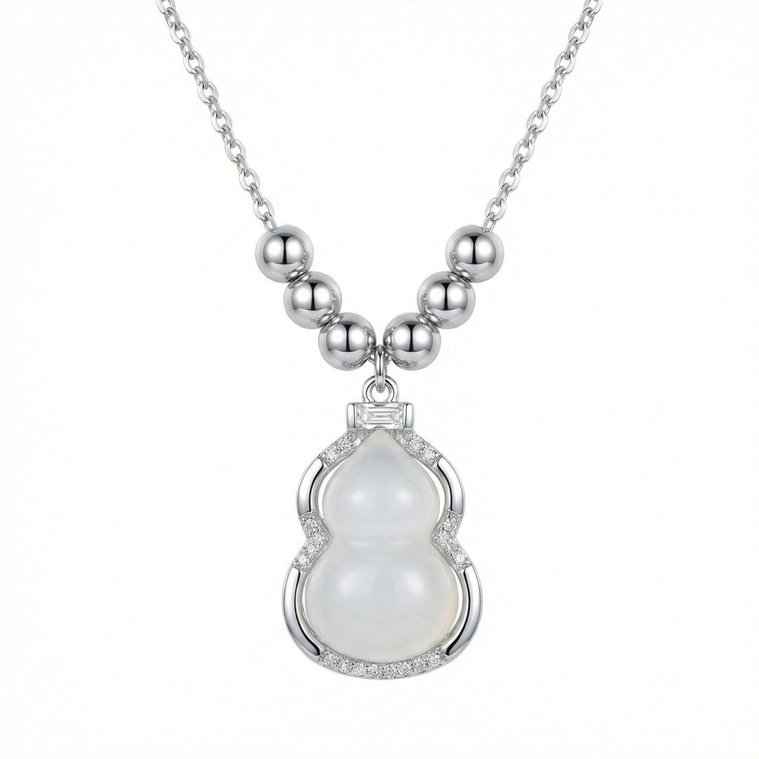 925 Sterling Silver Gourd Necklace – White Jade Pendant with Sparkling Crystal Accents