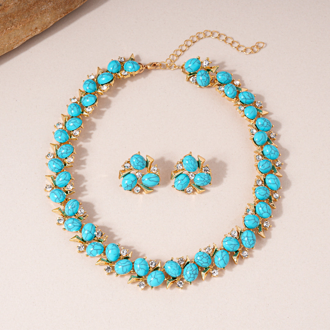 Ethnic Style Turquoise & Zircon Flower Necklace and Earrings  – Women’s Jewelry