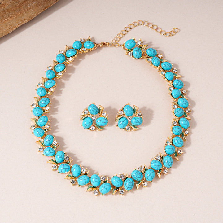 Ethnic Style Turquoise & Zircon Flower Necklace and Earrings  – Women’s Jewelry