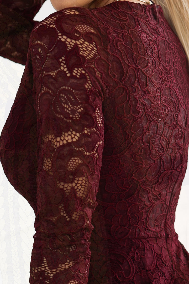 Lace dress with long sleeves and neckline - dark maroon