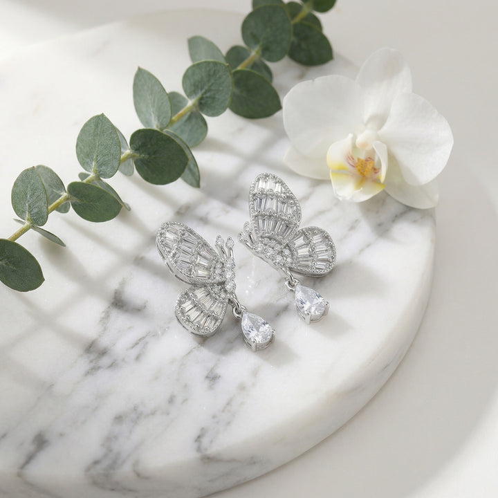 ✨ 925 Sterling Silver Sparkling Butterfly Drop Earrings with Baguette & Pear-Cut Crystals ✨