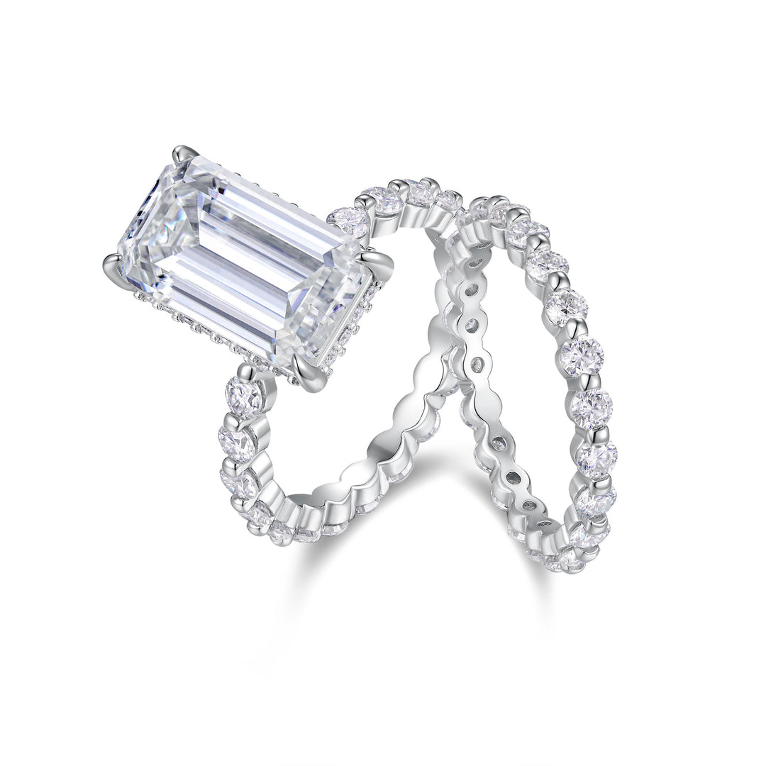 💍 Octagonal Moissanite Double Ring Set – Platinum-Plated S925 Silver (8×14 mm) 💍