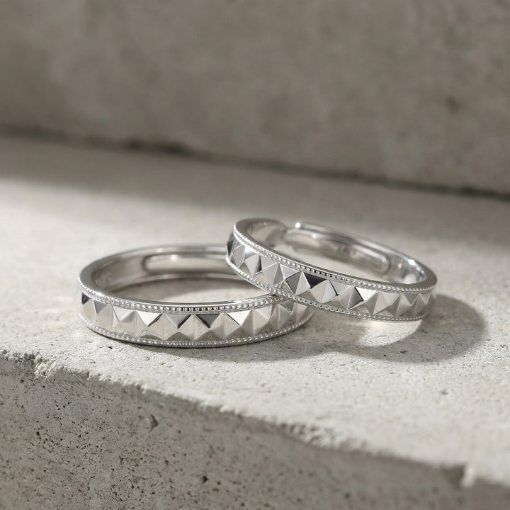925 Sterling Silver Elegant Pyramid-Studded Adjustable Couple Rings Set