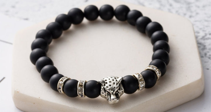 8mm Natural Lava Stone Leopard Head Bracelet for Men