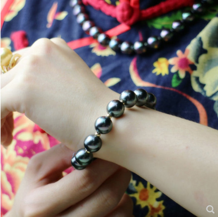 Peacock Green Black Pearl Bead Coated Bracelet