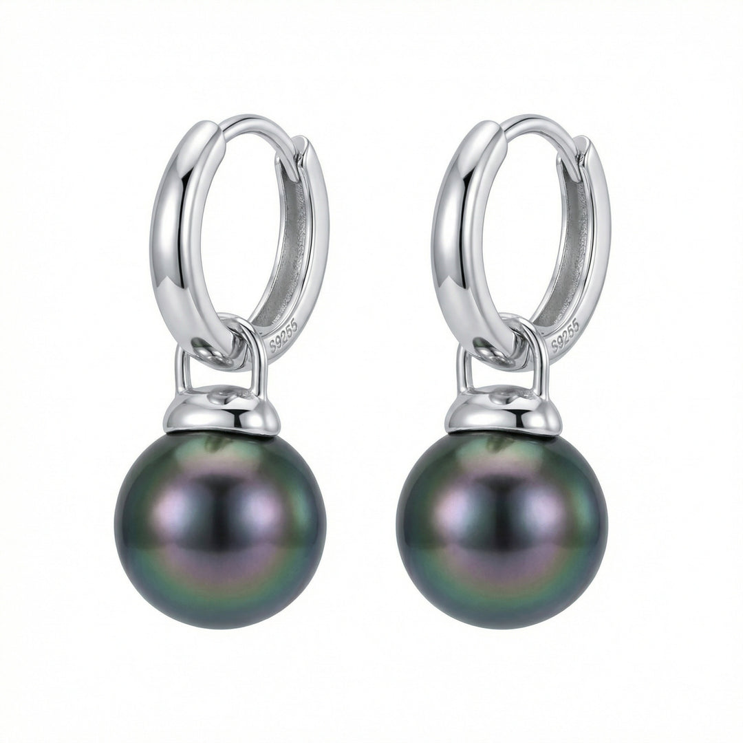 ✨ 925 Sterling Silver Black Pearl Hoop Earrings – Iridescent Drop Charms ✨