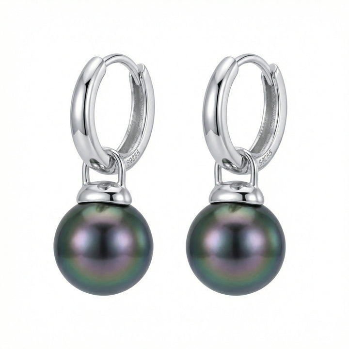 ✨ 925 Sterling Silver Black Pearl Hoop Earrings – Iridescent Drop Charms ✨