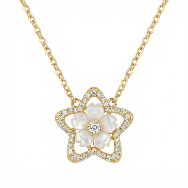 925 Sterling Silver Star-Shaped Floral Pendant Necklace with Mother of Pearl and Sparkling Accents