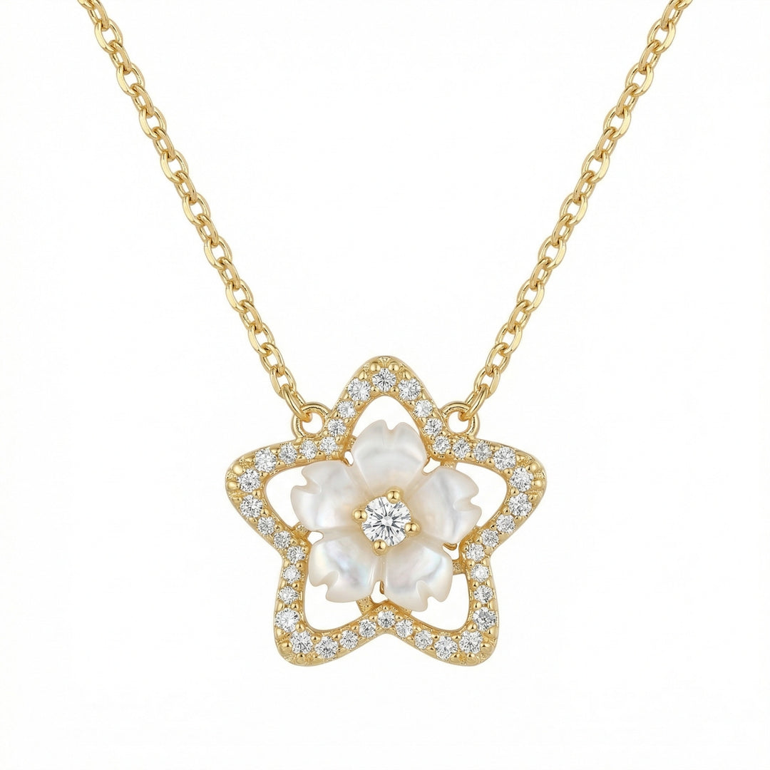 925 Sterling Silver Star-Shaped Floral Pendant Necklace with Mother of Pearl and Sparkling Accents