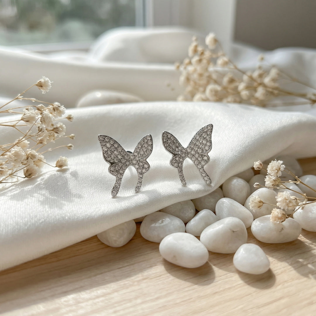 925 Sterling Silver Sparkling Sterling Silver Butterfly Stud Earrings with Shimmering Pavé Stones