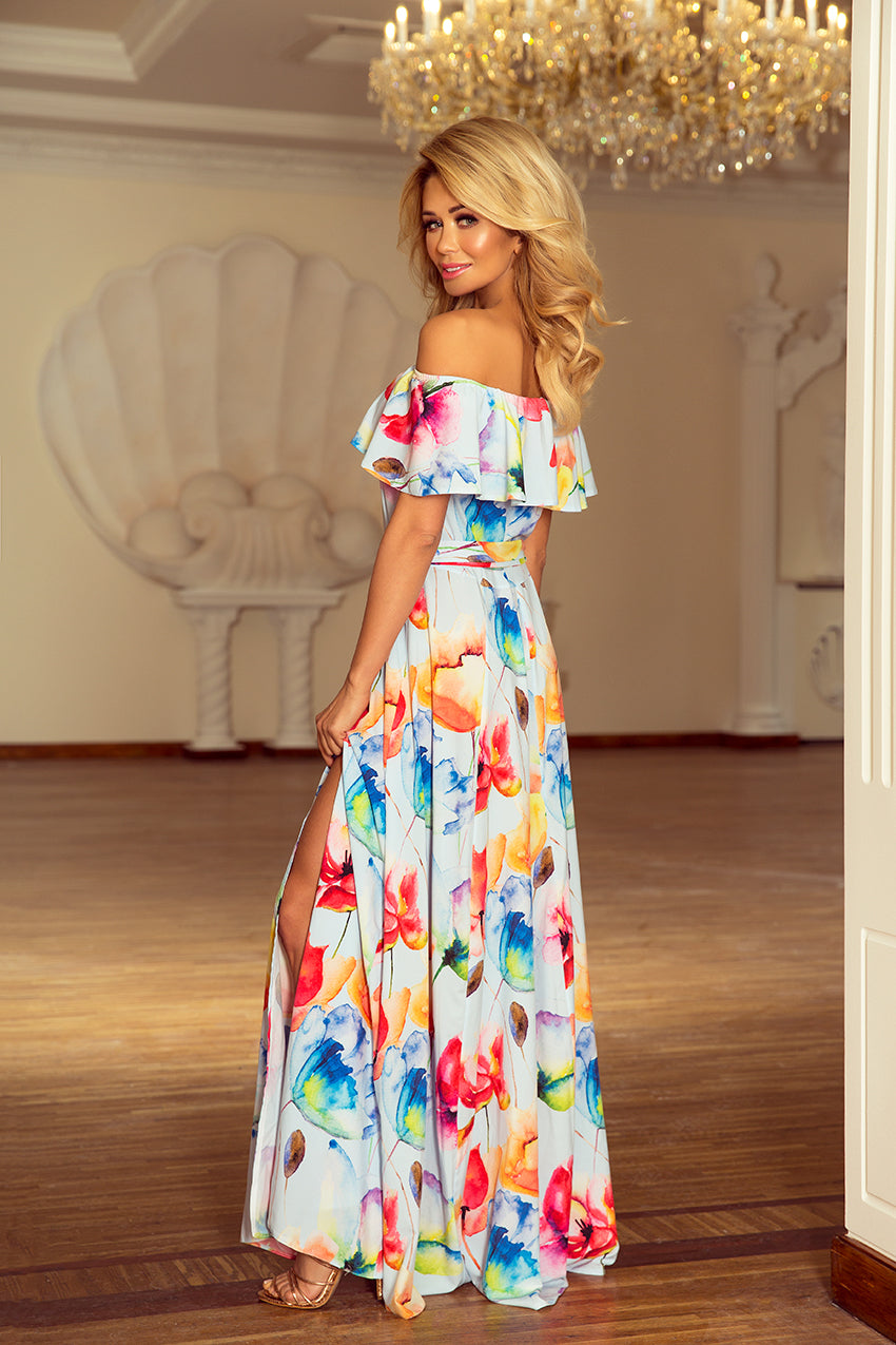 Long dress with frill - colorful painted flowers