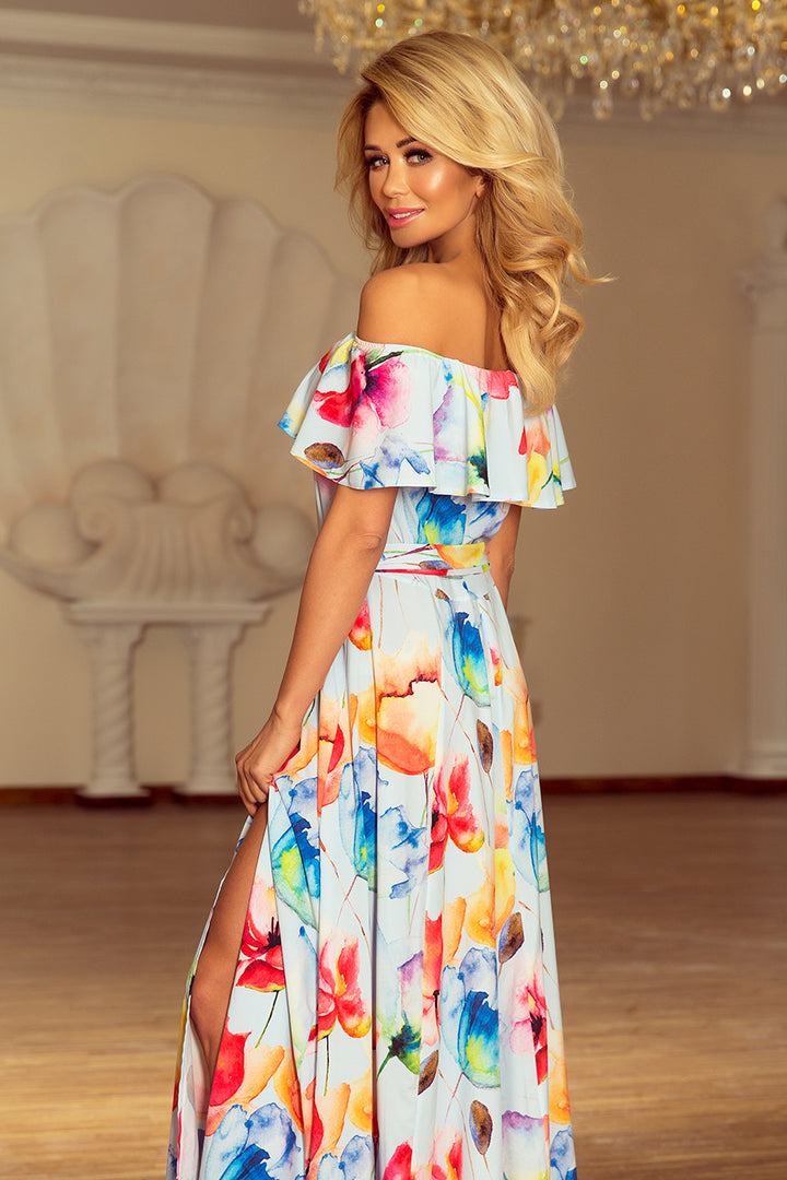 Long dress with frill - colorful painted flowers