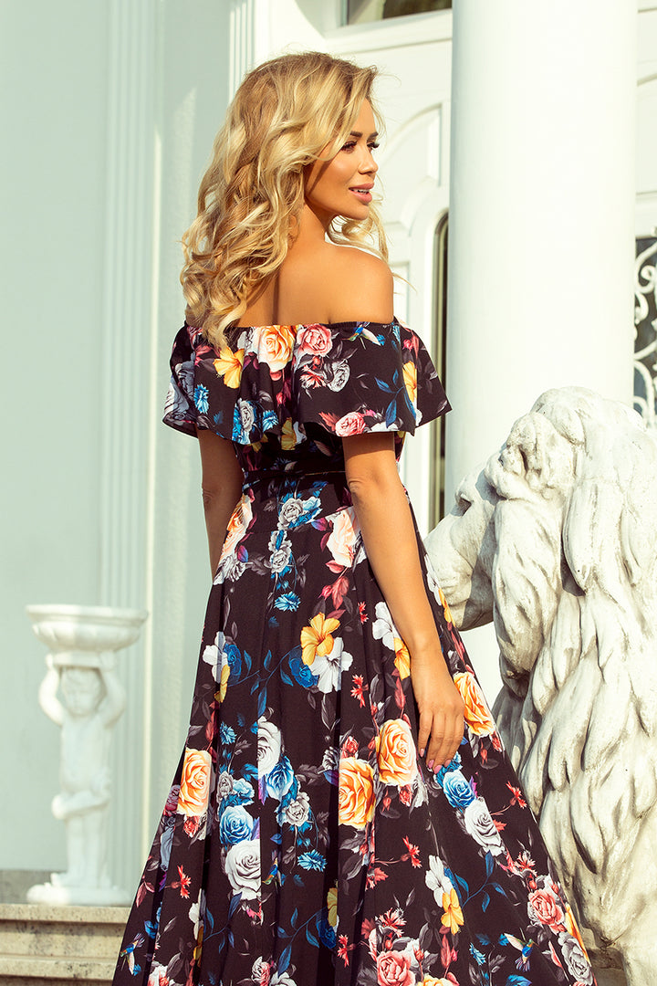 Long dress with frill - black + colorful flowers