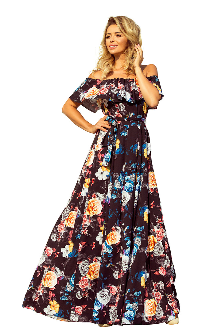 Long dress with frill - black + colorful flowers