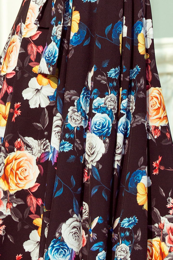 Long dress with frill - black + colorful flowers