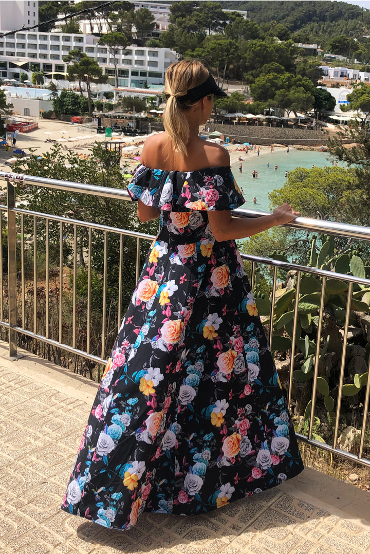 Long dress with frill - black + colorful flowers