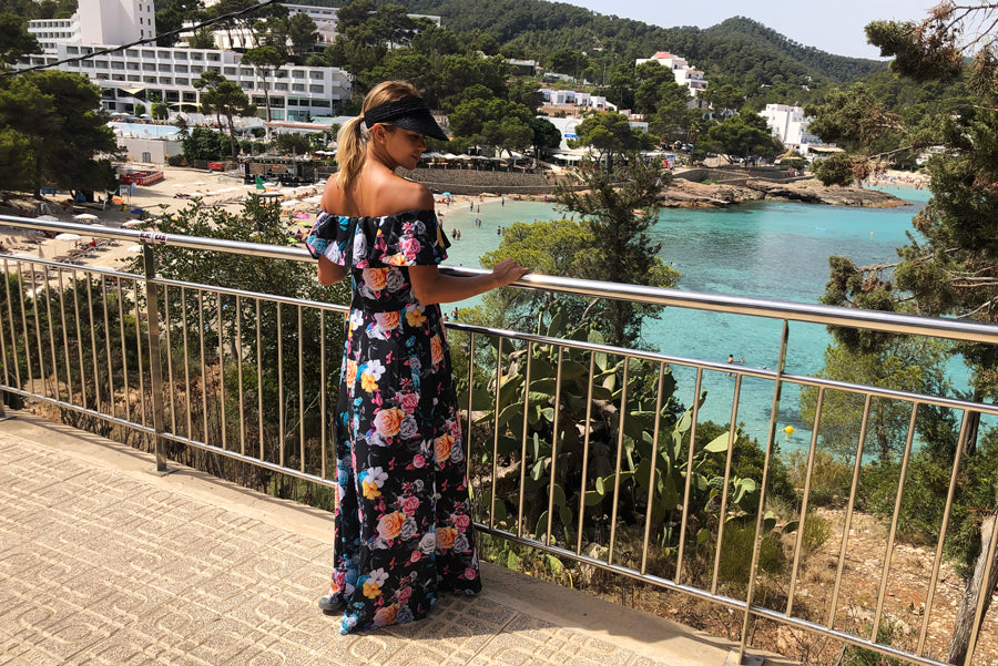 Long dress with frill - black + colorful flowers