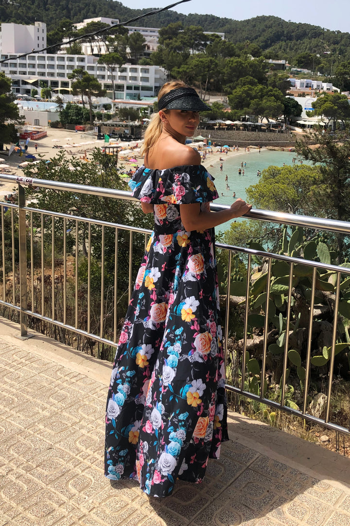 Long dress with frill - black + colorful flowers