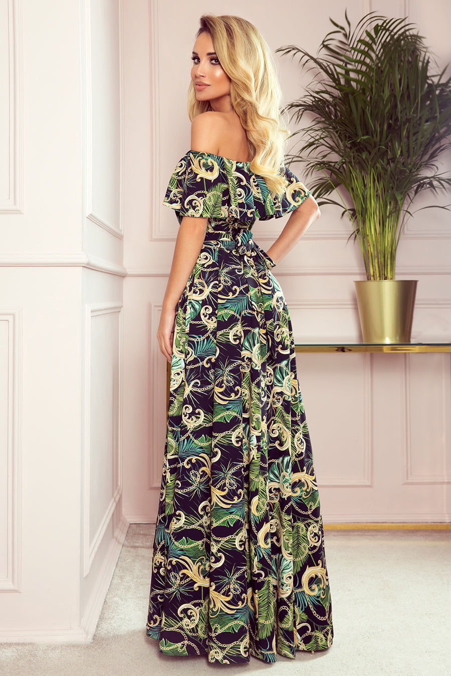 Long dress with frill - green leaves and gold chains