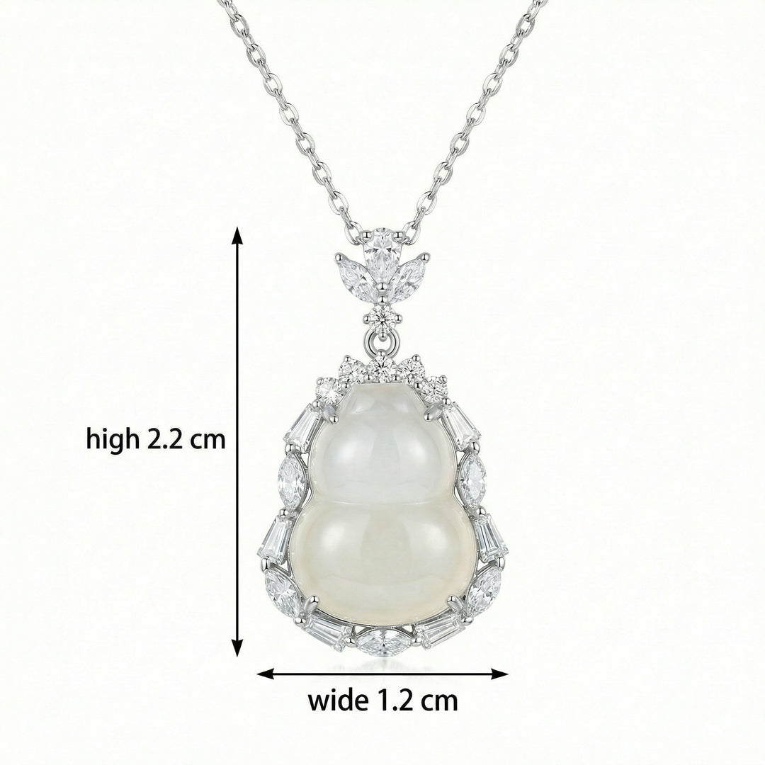 925 Sterling Silver White Jade Hulu Pendant Necklace with Mixed-Cut Diamond Halo & Leaf Bail