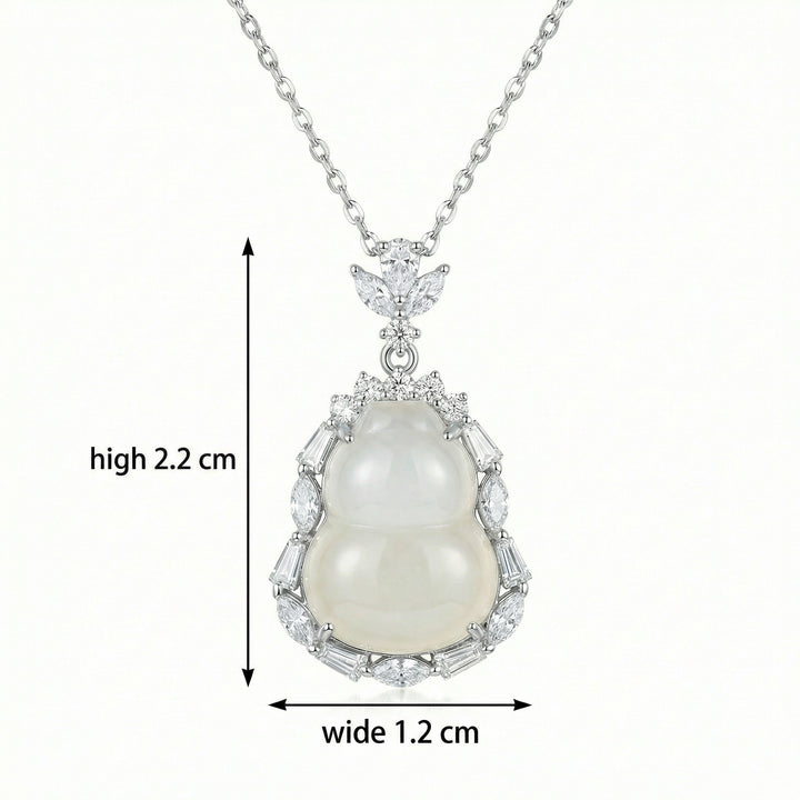 925 Sterling Silver White Jade Hulu Pendant Necklace with Mixed-Cut Diamond Halo & Leaf Bail