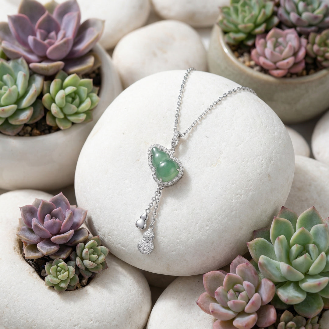 925 Sterling Silver Elegant Jadeite Gourd Pendant Necklace with Sparkling Stones & Dainty Hulu Charm