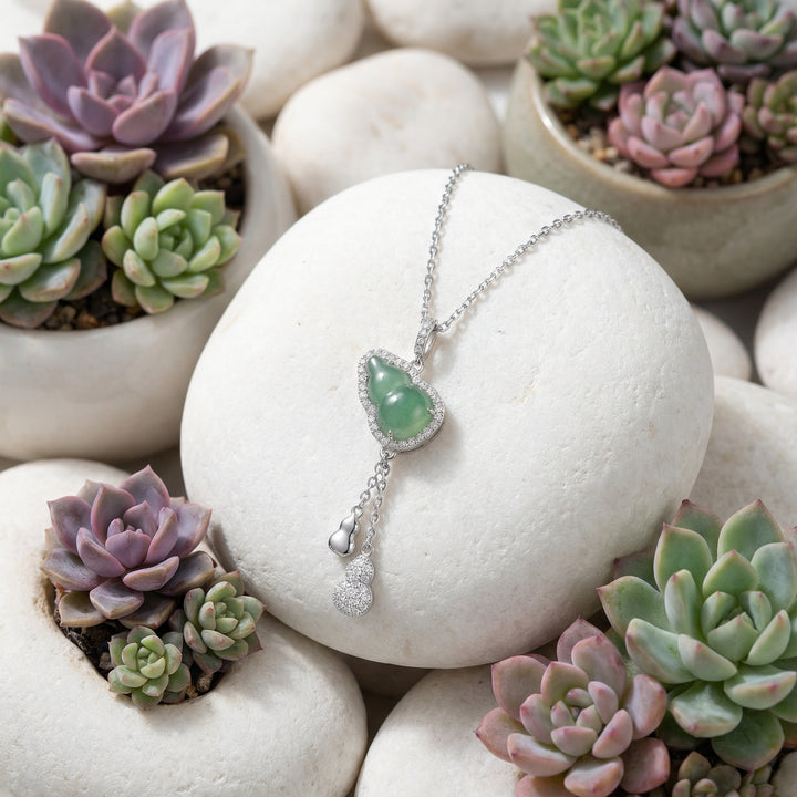 925 Sterling Silver Elegant Jadeite Gourd Pendant Necklace with Sparkling Stones & Dainty Hulu Charm