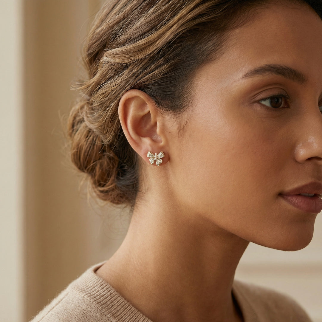 ✨ 925 Sterling Silver Butterfly Stud Earrings with Pave Crystals & Trio Pearls ✨