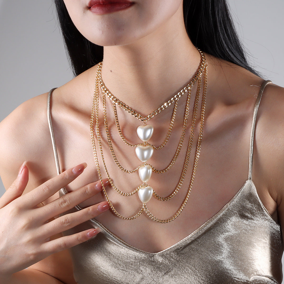 Women’s Tassel Peach Heart Pearl Necklace – Elegant Metal & Stone Jewelry