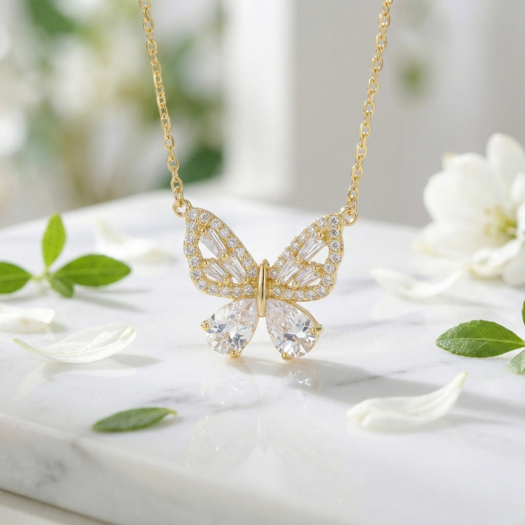 925 Sterling Silver Butterfly Pendant Necklace with Pear & Baguette-Cut Crystal Stones