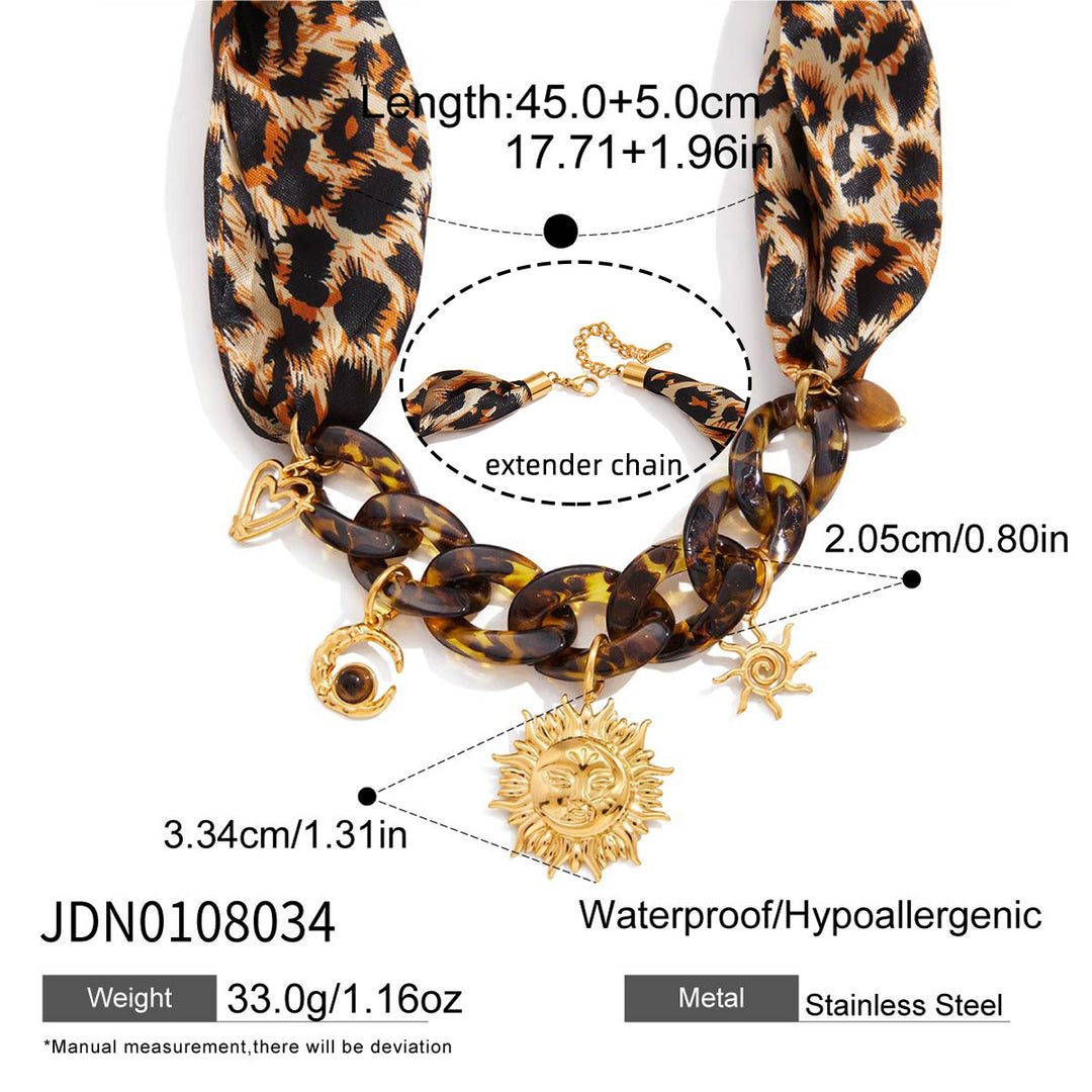 Women’s Stainless Steel Lace-Up Silk Scarf Necklace – Geometric Leopard Print Pendant