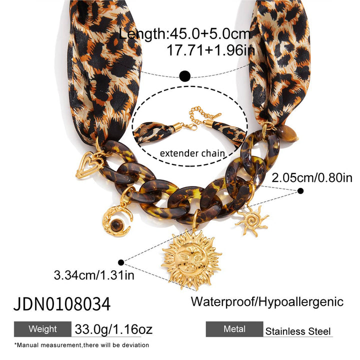 Women’s Stainless Steel Lace-Up Silk Scarf Necklace – Geometric Leopard Print Pendant