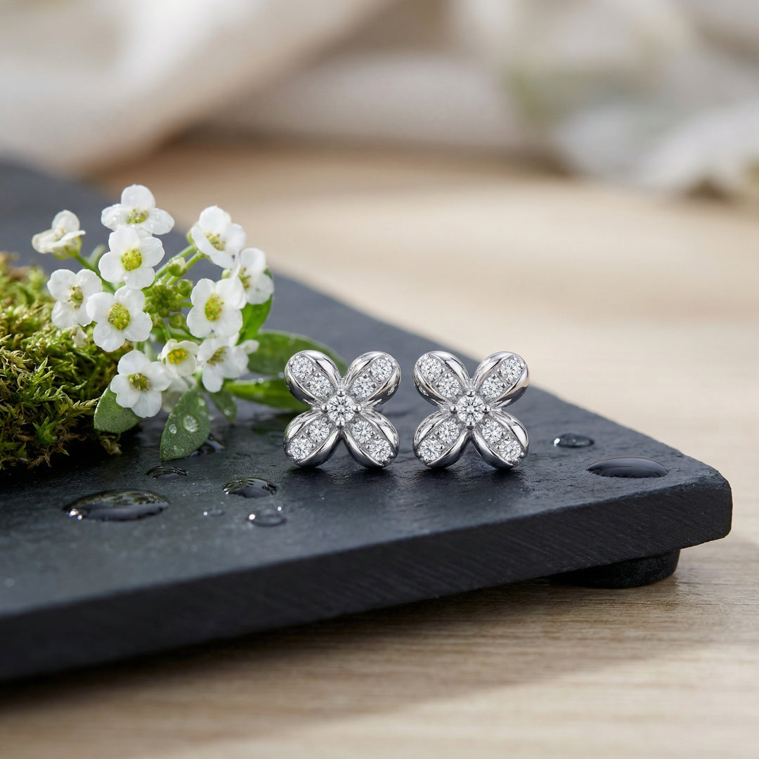 ✨ 925 Sterling Silver Round Diamond Flower Cross Stud Earrings – Pavé Sparkle Design ✨