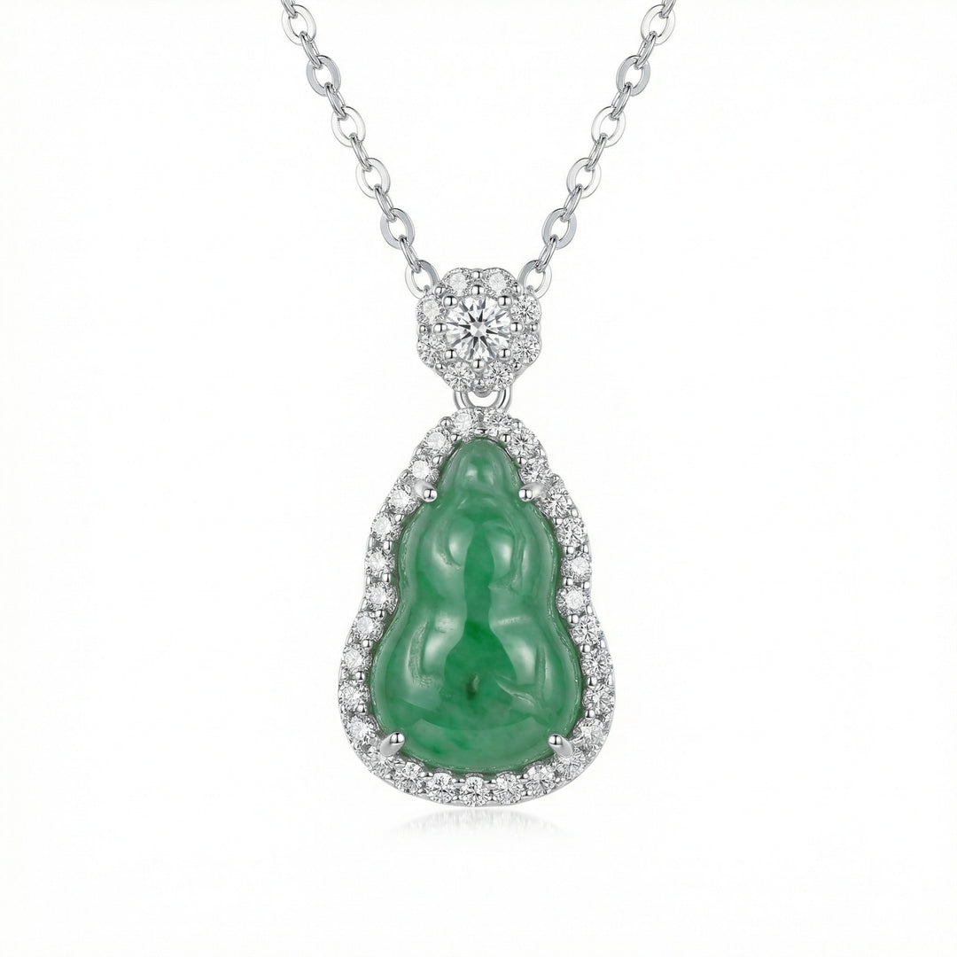 925 Sterling Silver Green Jadeite Gourd Pendant Necklace – Diamond Halo & Floral Accents