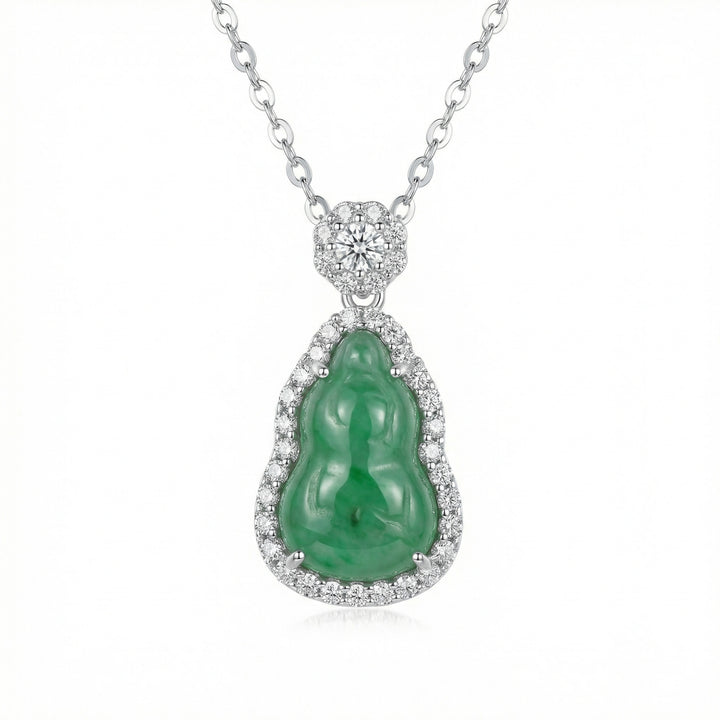 925 Sterling Silver Green Jadeite Gourd Pendant Necklace – Diamond Halo & Floral Accents