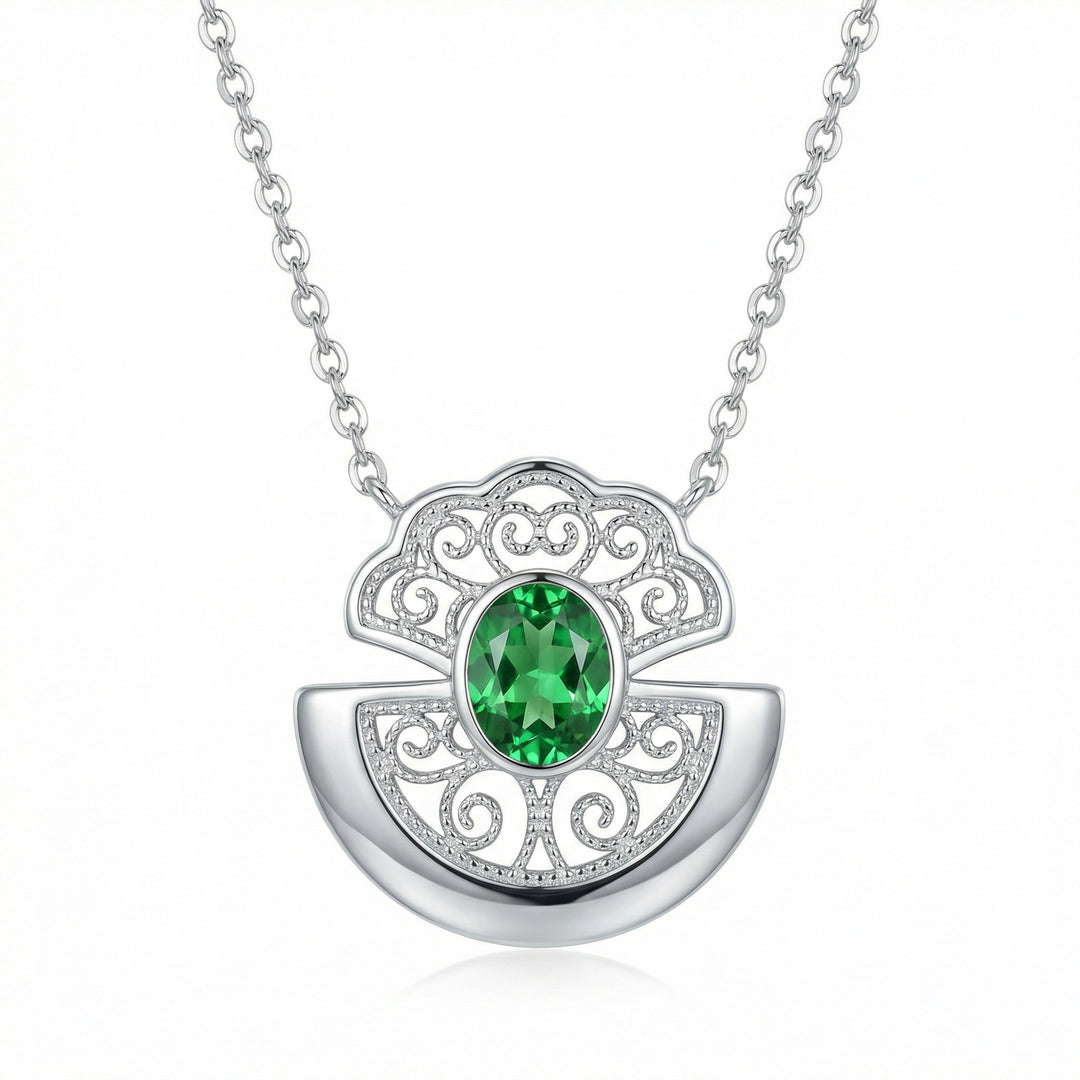 ✨ 925 Sterling Silver Elegant Vintage Filigree Pendant Necklace with Oval Green Gemstone ✨